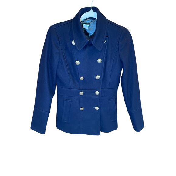 J. Crew Women 0 Navy Blue Preppy Large Gold Button Wool Pea Coat Classic Vintage - Picture 3 of 11